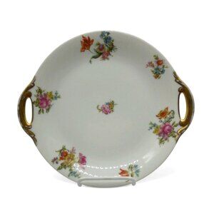 LIMOGES Porcelain Floral Platter With Gold Handles, France Vintage 11"